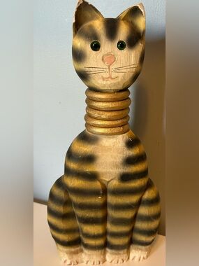 James Haddon  12” Wood Cat Figurine 
Hand-Carved Painted Philippines